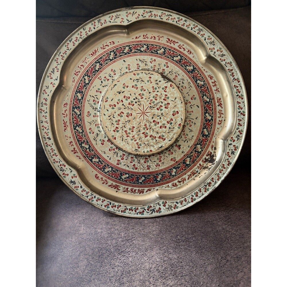 Vintage Floral Decorated Ware Metal Tray Raised Center Platters Boho Large